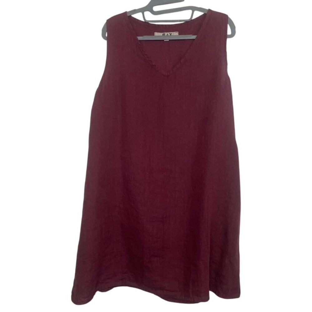 FLAX 100% Linen Size Small Sleeveless Tunic Top Mini Dress Lagenlook Wine Maroon